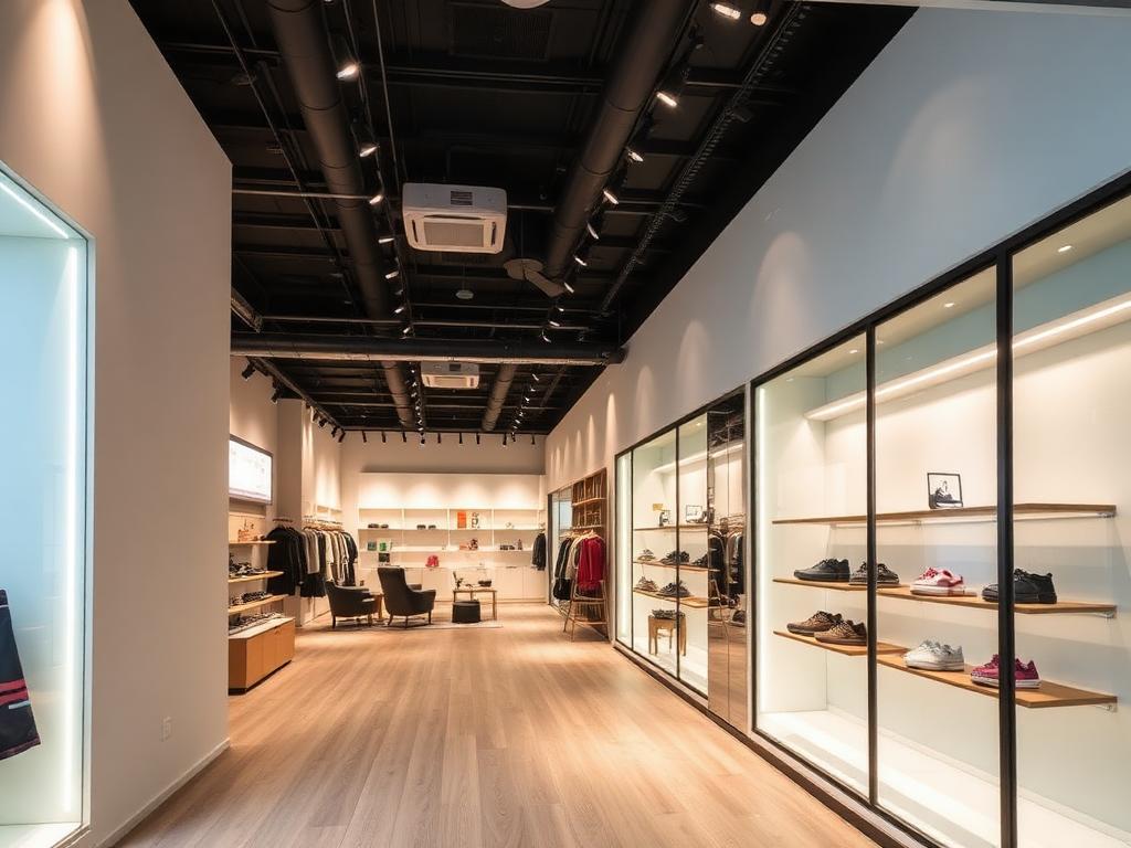 Newly fitted out modern retail shop interior with display shelving